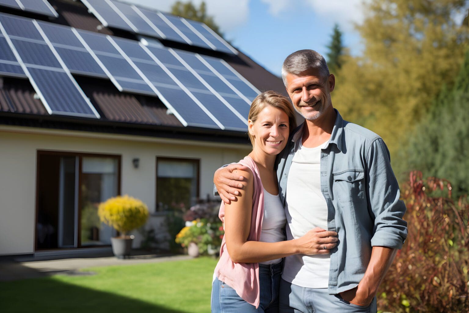 A happy couple stands smiling in the driveway of a large house with solar panels installed. Real estate new home concept
